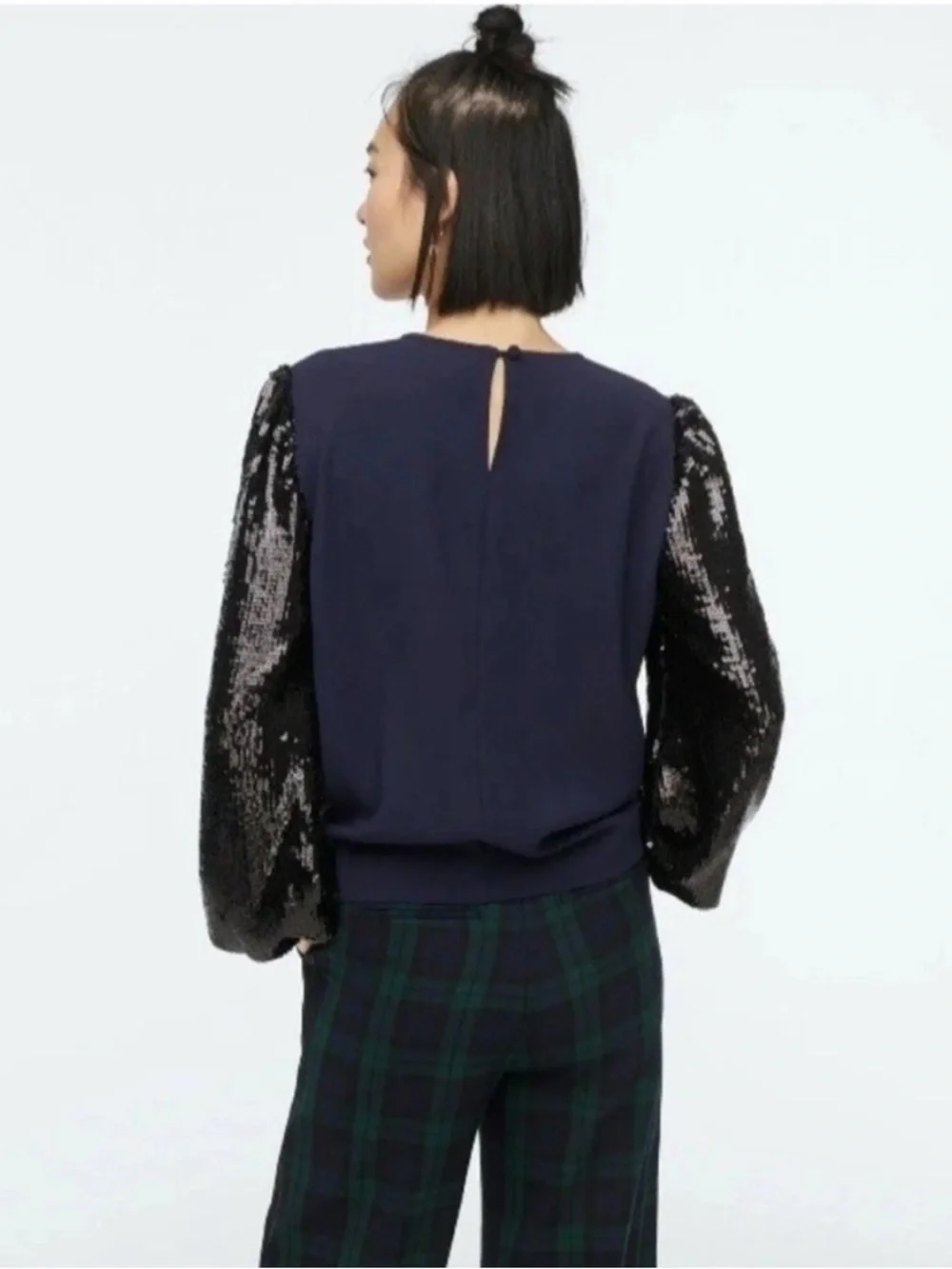 J.Crew Sequin Sleeve Crepe Blouse Navy Black NWT Size Small - Picture 2 of 6